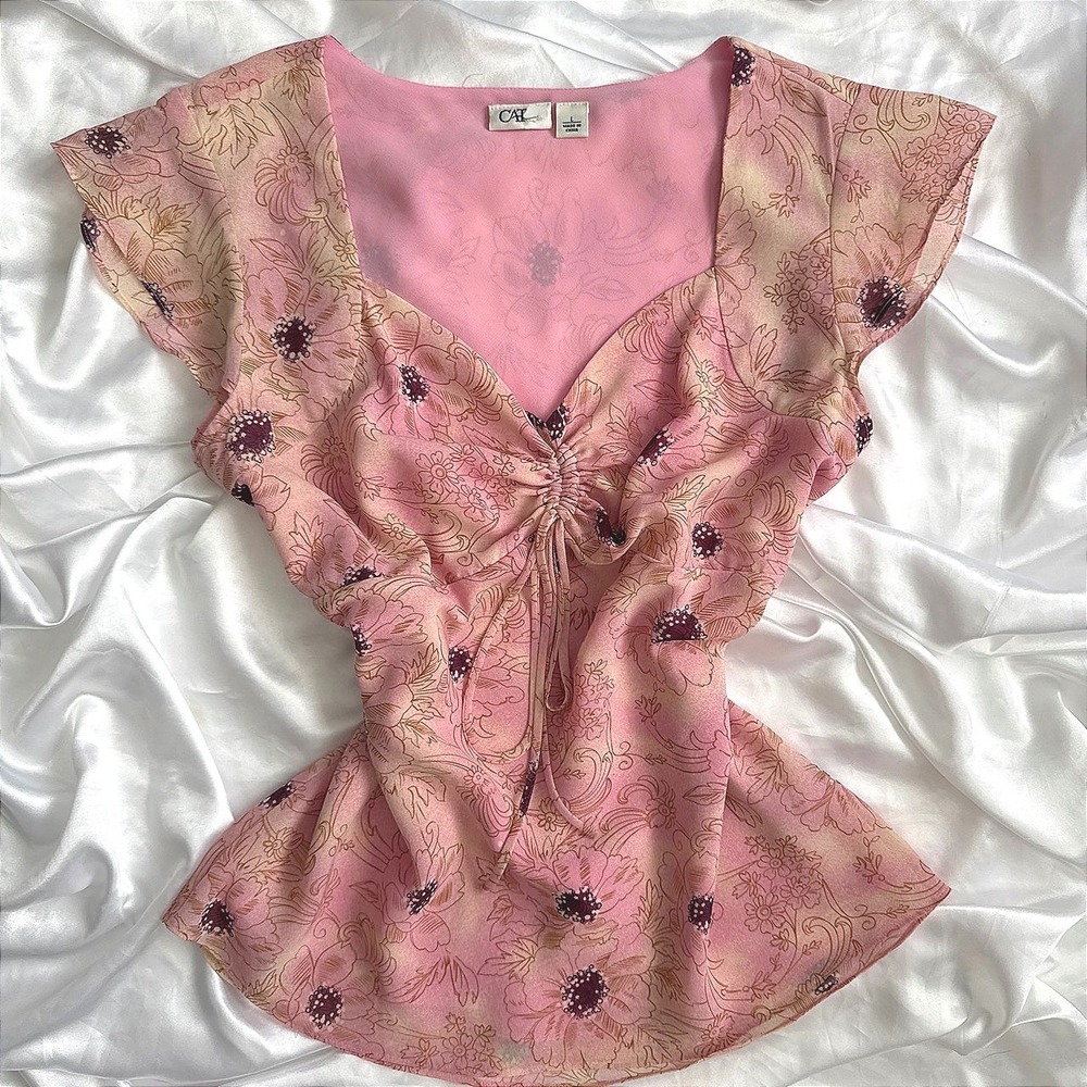 Cato Pink Floral Short Sleeve Blouse Sweetheart Drawstring Top Large